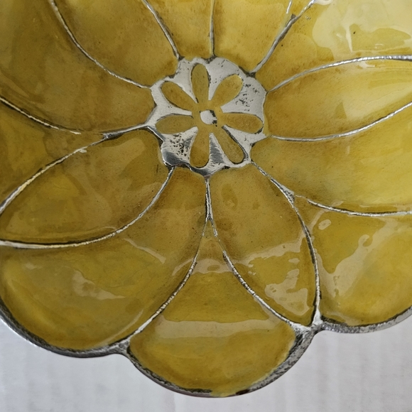 Yellow flower enamel trinket dish bowl silvertone metal - Picture 5 of 8